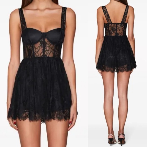 NEW! Fleur Du Mal- Black Flare Lace Mini Dress Size 0 See Through LBD - Picture 1 of 10